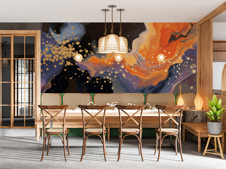 Creative home office with an energetic fluid art wallpaper backdrop in deep purple and warm orange tones