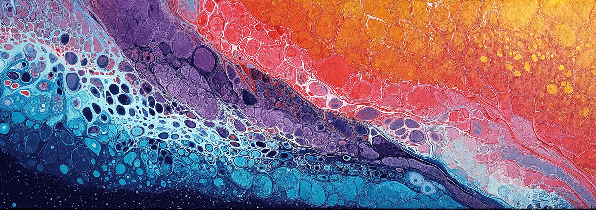 Abstract fluid art wallpaper featuring vibrant cells of blue, purple, orange, and yellow.