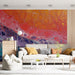 Living room featuring colorful abstract cellular mural on the main accent wall.