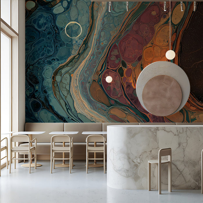 Bold Abstract Fluid Art Wallpaper, Teal and Copper Acrylic Pour Mural, Modern Cell Texture Wall Decor, Custom Size Premium Peel and Stick