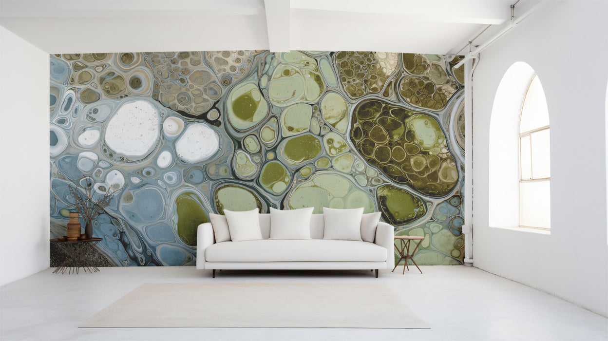 Muted Green and Grey Fluid Wallpaper, Abstract Marble Cell Mural, Soothing Neutral Wall Decor, Custom Size Premium Peel and Stick Fabric