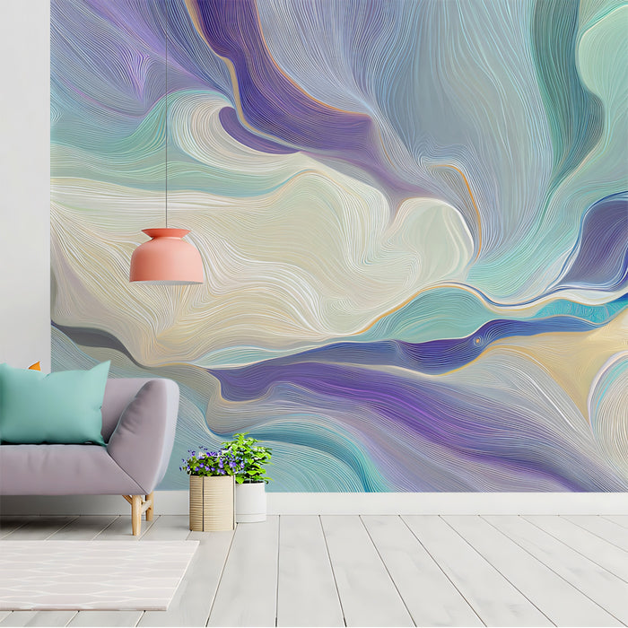 Soft Flowing Wavy Wallpaper, Muted Blue and Purple Fluid Mural, Serene Modern Wall Decor, Custom Size Premium Peel and Stick Fabric