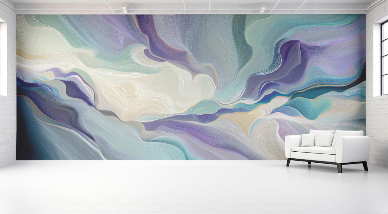 Soft Flowing Wavy Wallpaper, Muted Blue and Purple Fluid Mural, Serene Modern Wall Decor, Custom Size Premium Peel and Stick Fabric