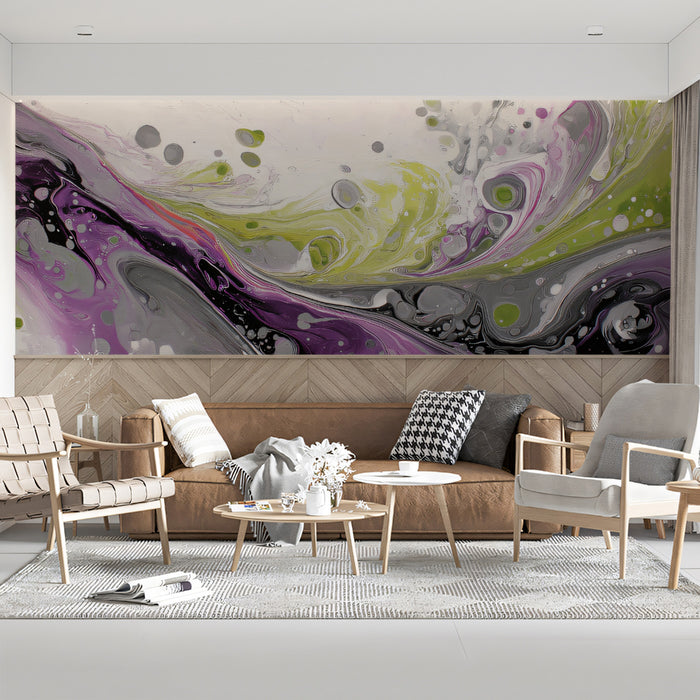Vibrant Purple and Lime Green Fluid Wallpaper, Bold Abstract Acrylic Mural, Modern Dynamic Wall Art, Custom Size Peel and Stick