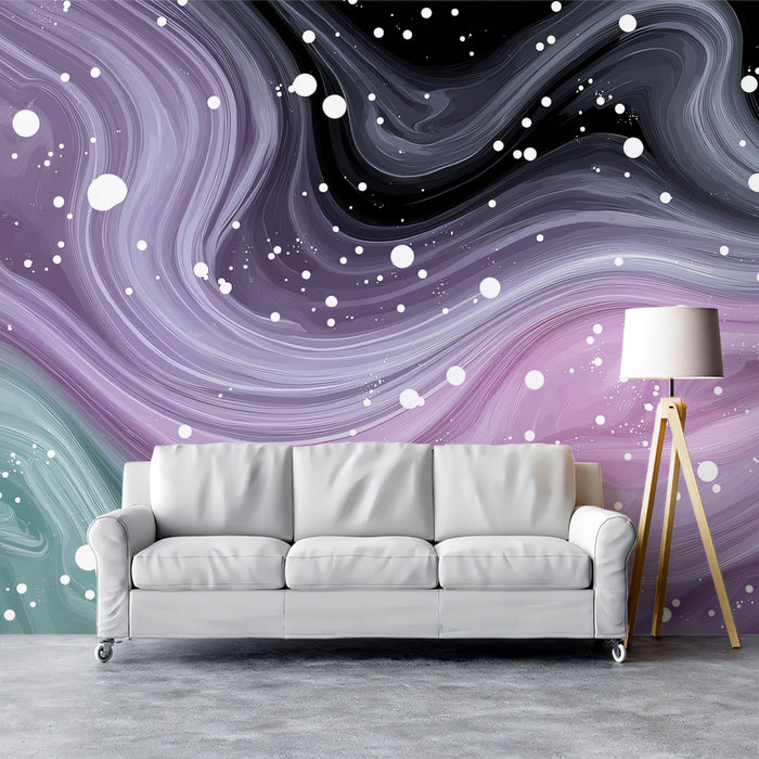 Galactic Purple and Teal Fluid Wallpaper with White Stars, Abstract Cosmic Mural, Modern Dreamy Wall Decor, Custom Size Peel and Stick Art