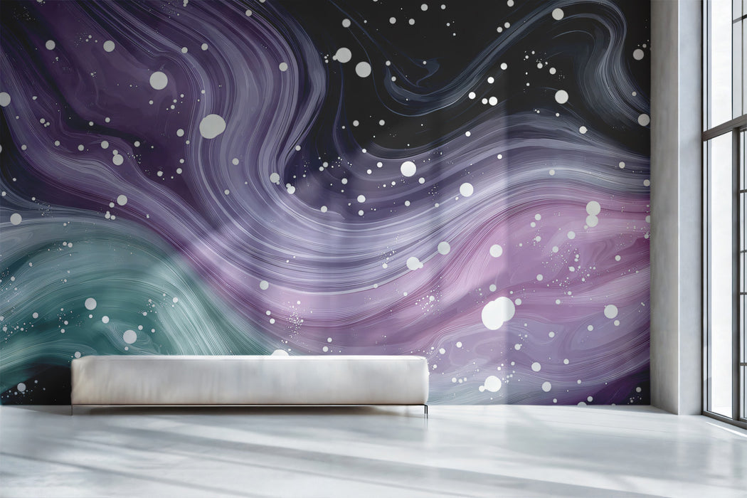 Galactic Purple and Teal Fluid Wallpaper with White Stars, Abstract Cosmic Mural, Modern Dreamy Wall Decor, Custom Size Peel and Stick Art