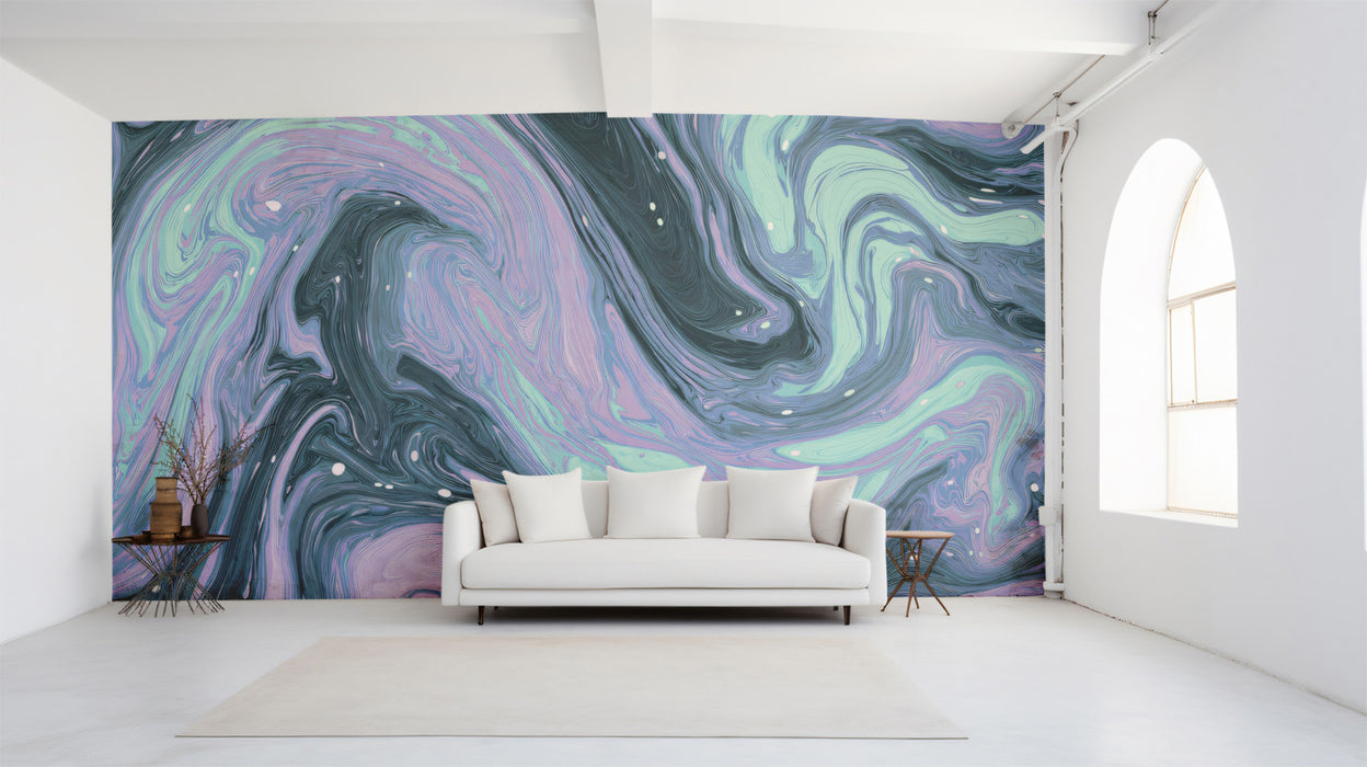 Abstract Teal and Lavender Marble Swirl Wallpaper, Modern Fluid Art Mural, Elegant Artistic Wall Decor, Custom Size Premium Peel and Stick