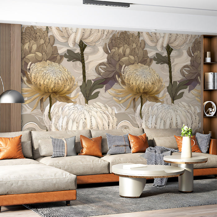 Sophisticated living room with vintage floral wallpaper and dark wood furniture
