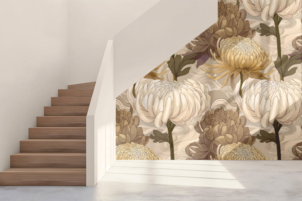 Elegant bedroom wall mural featuring soft yellow and cream chrysanthemum flowers