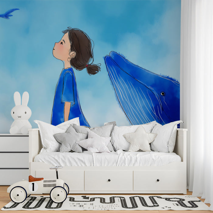 Whimsical Sky Mural Wallpaper | Girl & Dreaming Whale
