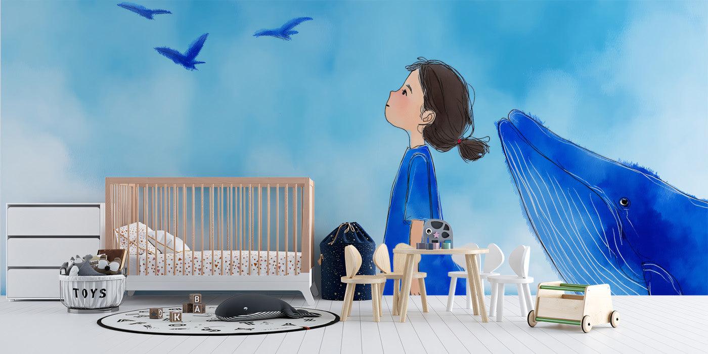 Whimsical Sky Mural Wallpaper | Girl & Dreaming Whale
