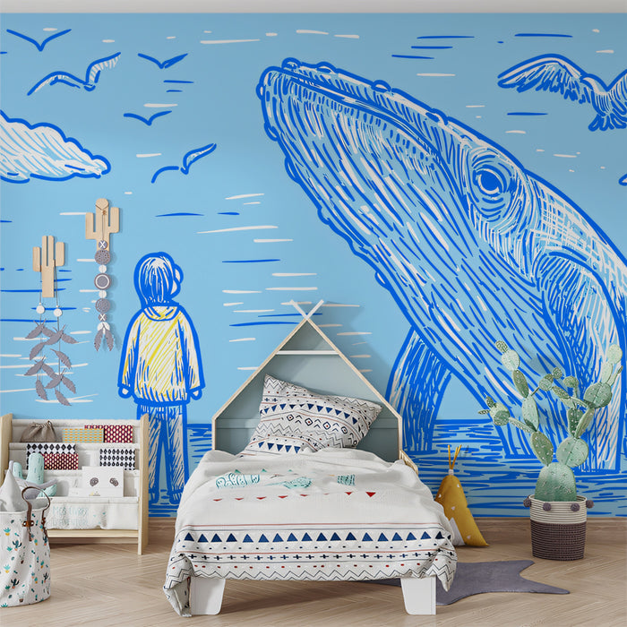 Hand-Drawn Sketch Mural Wallpaper | Blue Ocean Voyage