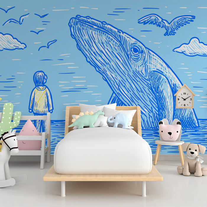 Hand-Drawn Sketch Mural Wallpaper | Blue Ocean Voyage