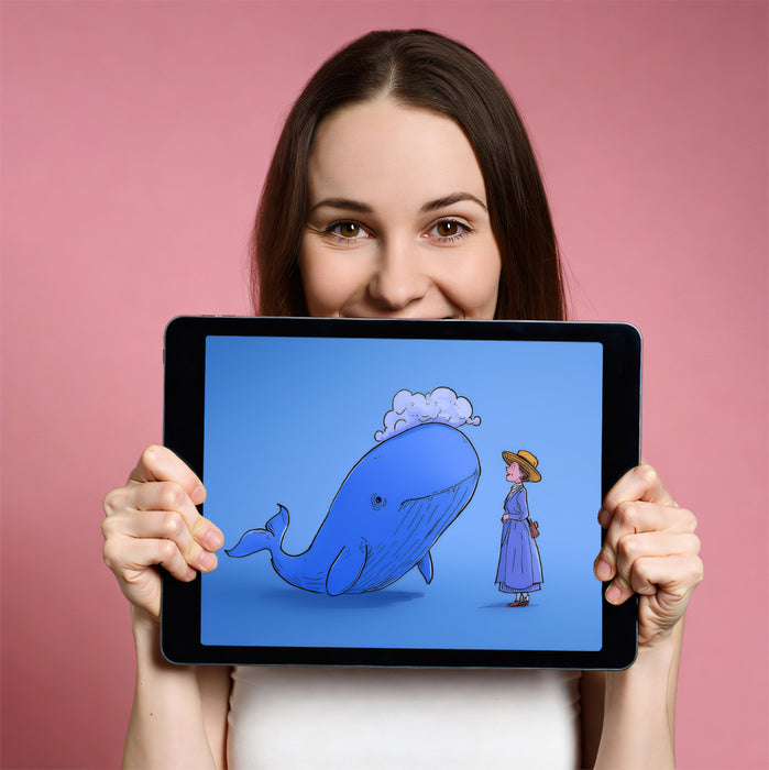 Vintage Cartoon Mural Wallpaper | The Lady & The Blue Whale