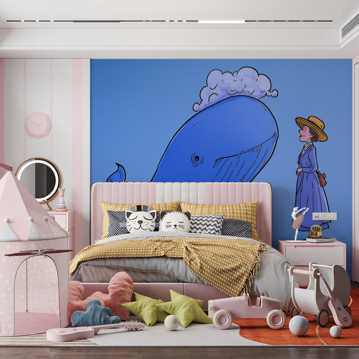 Vintage Cartoon Mural Wallpaper | The Lady & The Blue Whale