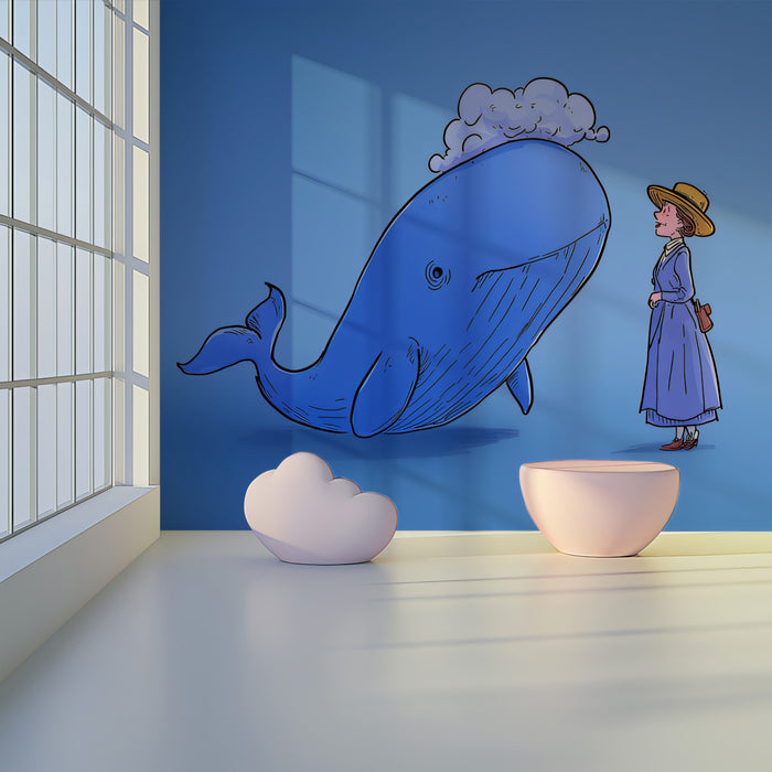 Vintage Cartoon Mural Wallpaper | The Lady & The Blue Whale