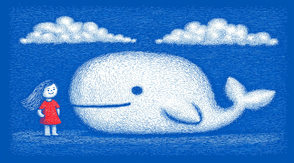 Textured Sketch Mural Wallpaper | Girl & Great White Whale