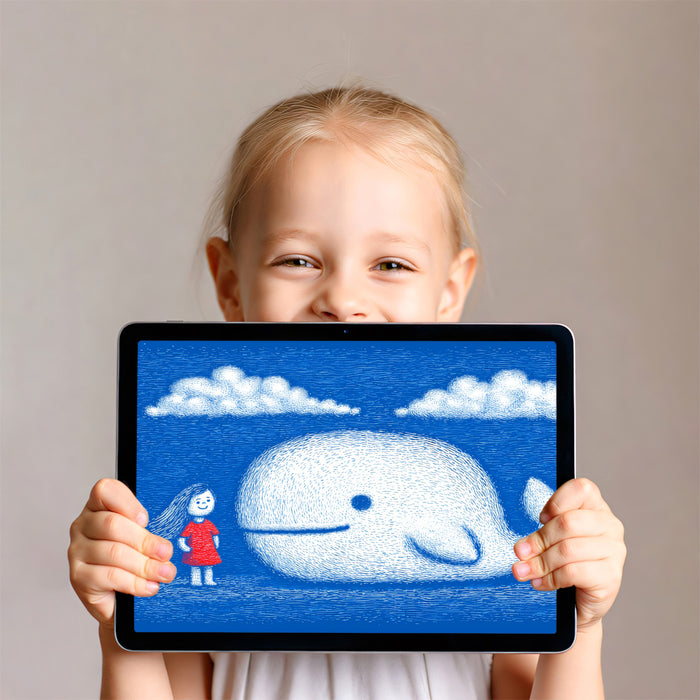 Textured Sketch Mural Wallpaper | Girl & Great White Whale