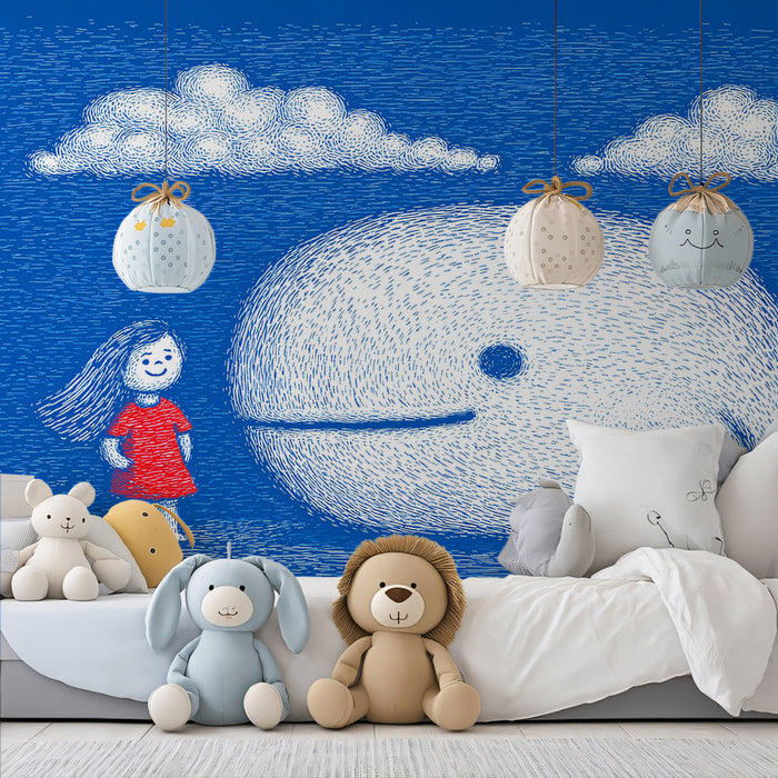Textured Sketch Mural Wallpaper | Girl & Great White Whale