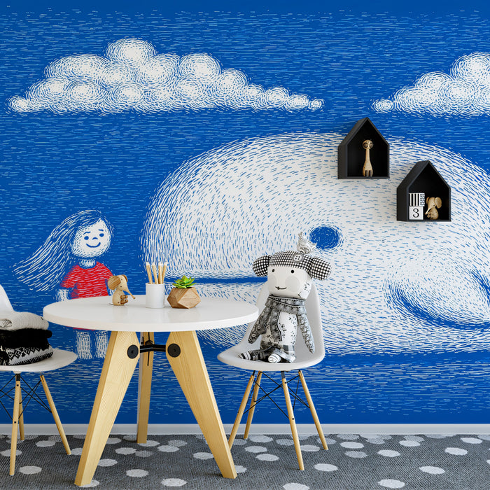 Textured Sketch Mural Wallpaper | Girl & Great White Whale