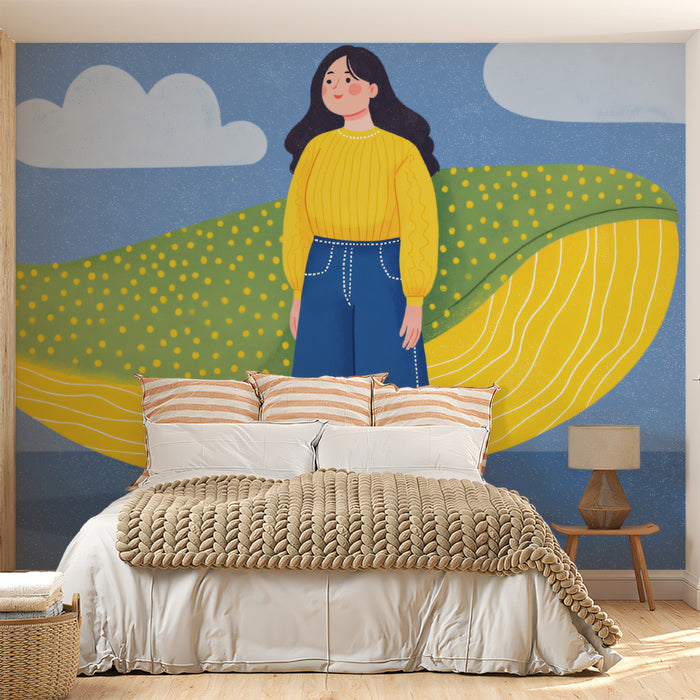 Modern Art Mural Wallpaper | Woman & Patterned Whale