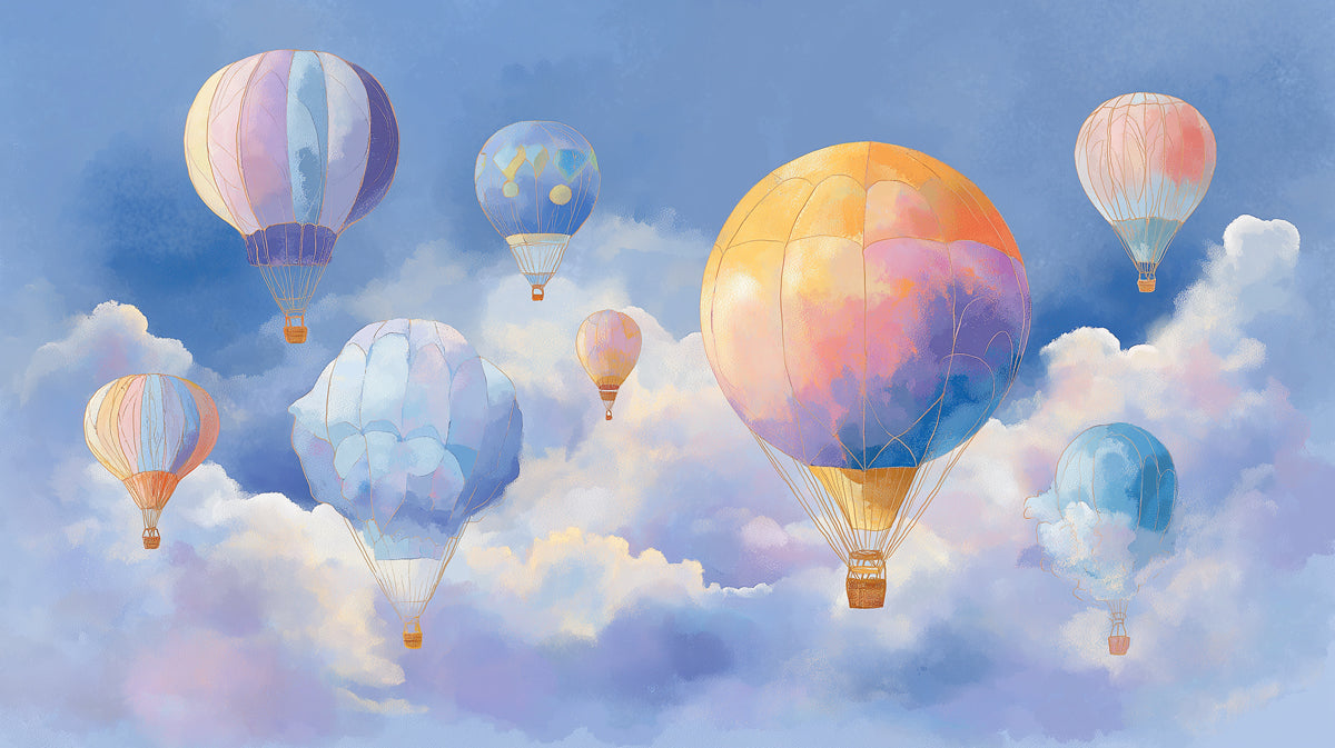 Whimsical Sky Mural Wallpaper | Colorful Hot Air Balloons