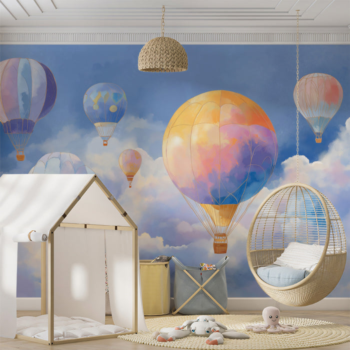 Whimsical Sky Mural Wallpaper | Colorful Hot Air Balloons