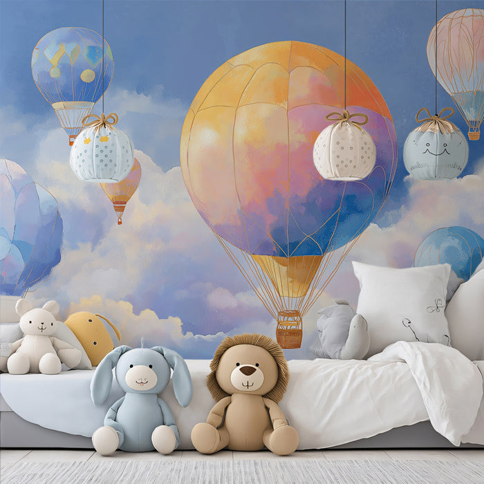 Whimsical Sky Mural Wallpaper | Colorful Hot Air Balloons