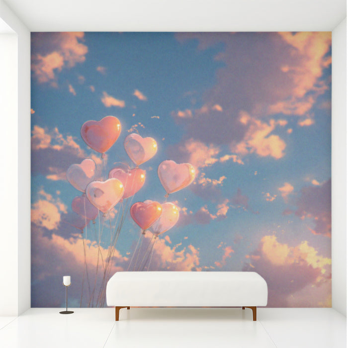 Romantic Sunset Mural Wallpaper | Pink Heart Balloons