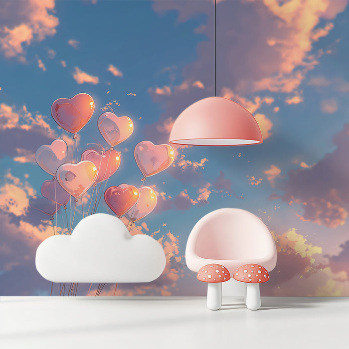 Romantic Sunset Mural Wallpaper | Pink Heart Balloons