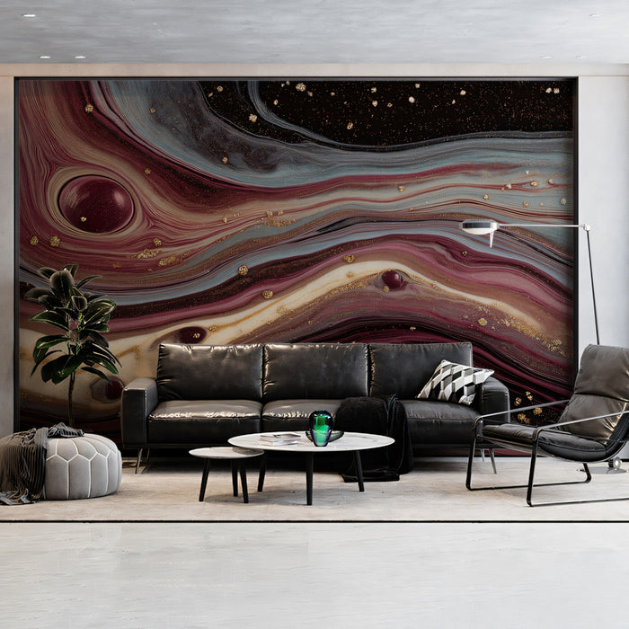 Luxury Marble Mural Wallpaper | Burgundy & Gold Fluid Art