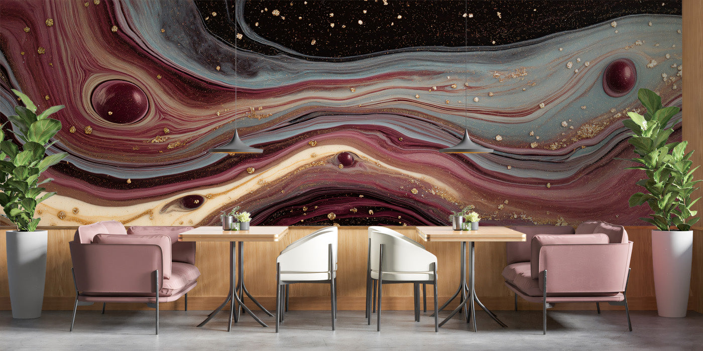 Luxury Marble Mural Wallpaper | Burgundy & Gold Fluid Art