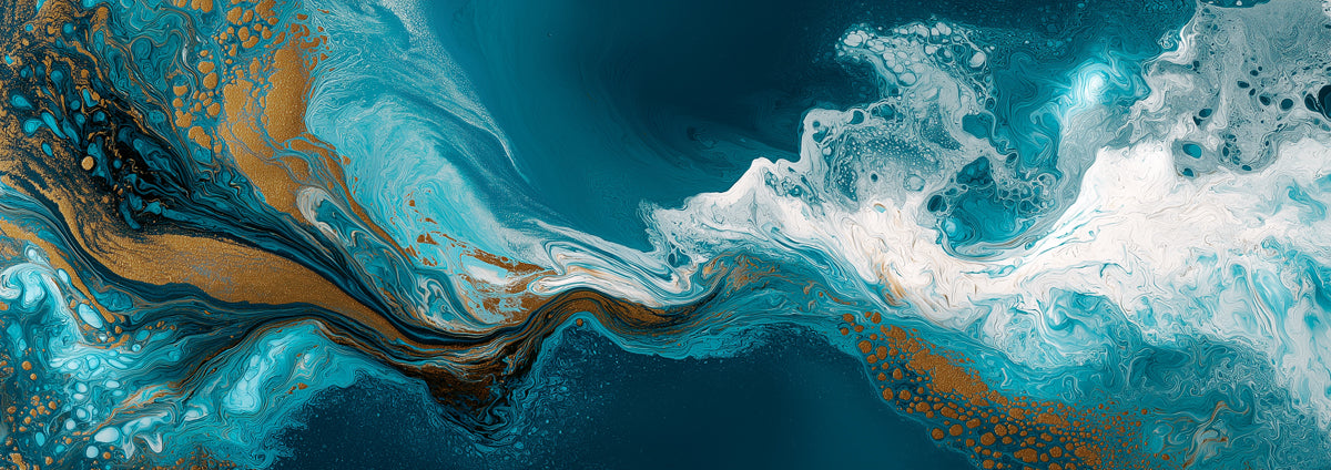 Ocean Waves Mural Wallpaper | Teal & Gold Fluid Art Marble