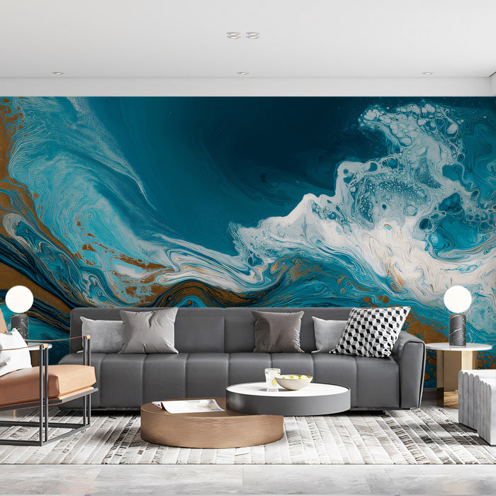 Ocean Waves Mural Wallpaper | Teal & Gold Fluid Art Marble