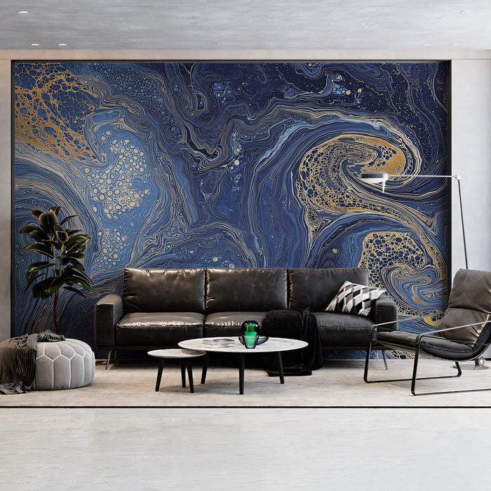 Cosmic Fluid Mural Wallpaper | Navy & Gold Lacing