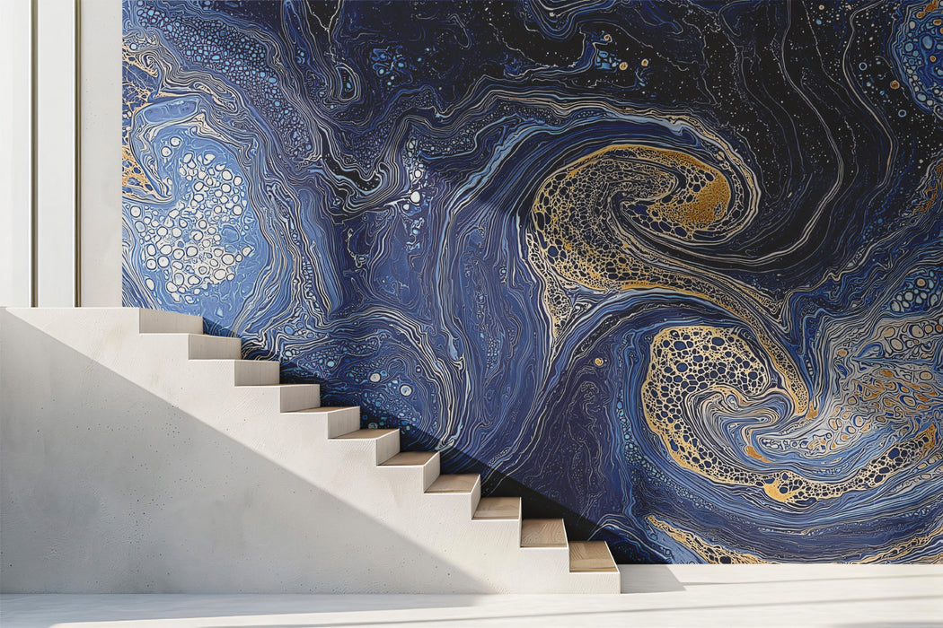 Cosmic Fluid Mural Wallpaper | Navy & Gold Lacing
