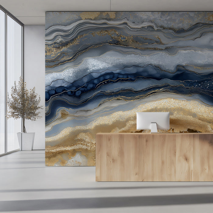 Agate Geode Mural Wallpaper | Navy & Sparkling Gold Bands