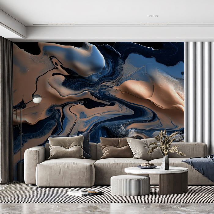 3D Fluid Mural Wallpaper | Nude & Blue Smoke Swirls