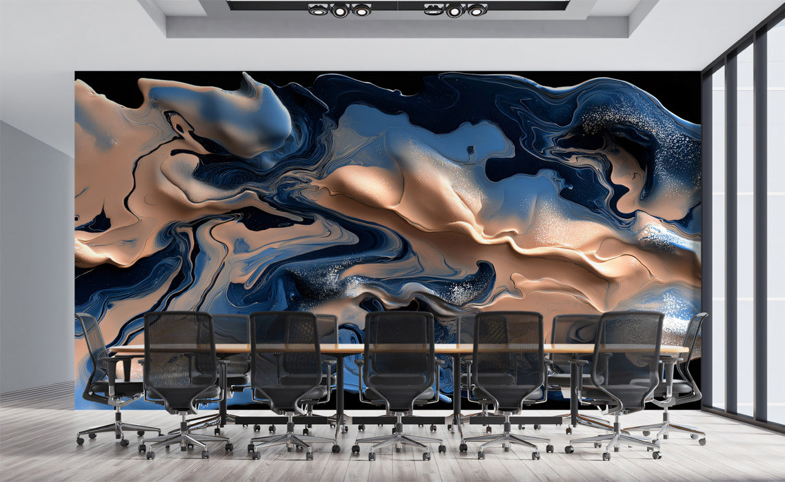 3D Fluid Mural Wallpaper | Nude & Blue Smoke Swirls