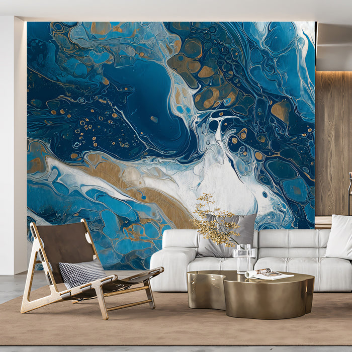 Fluid Art Liquid Marble Mural Wallpaper | Teal, White & Gold Cells