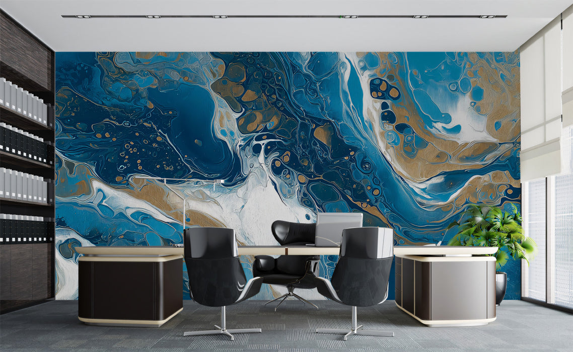 Fluid Art Liquid Marble Mural Wallpaper | Teal, White & Gold Cells