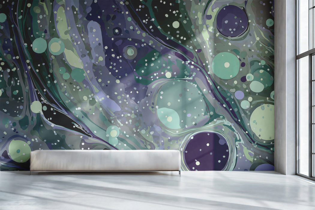 Speckled Marble Mural Wallpaper | Purple & Mint Galactic Swirls