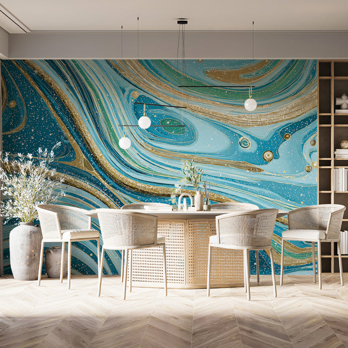 Marbled Swirl Mural Wallpaper | Turquoise & Gold Glitter