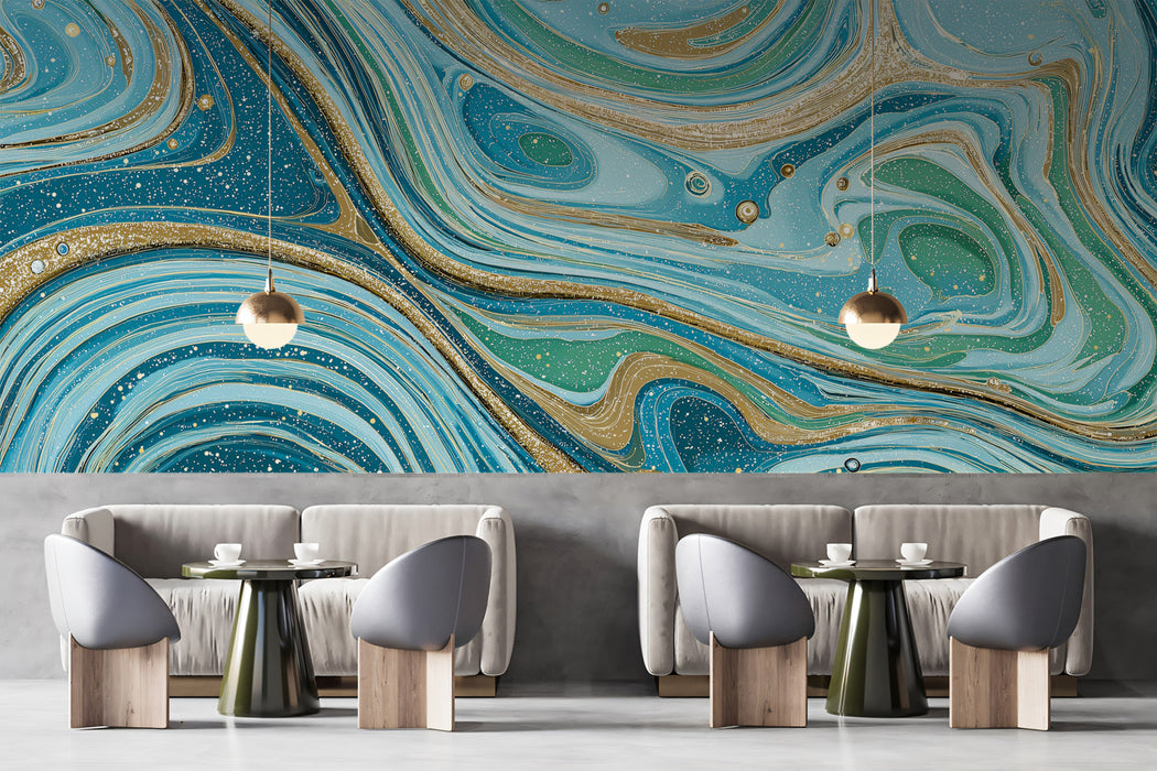 Marbled Swirl Mural Wallpaper | Turquoise & Gold Glitter