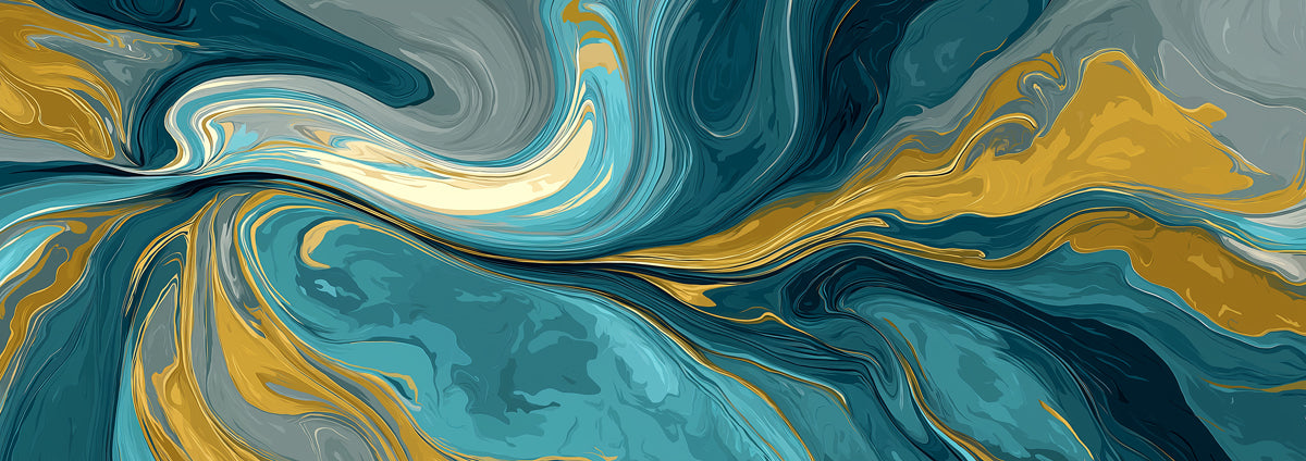 Modern Marble Fluid Art Wallpaper | Teal & Mustard Gold Swirls