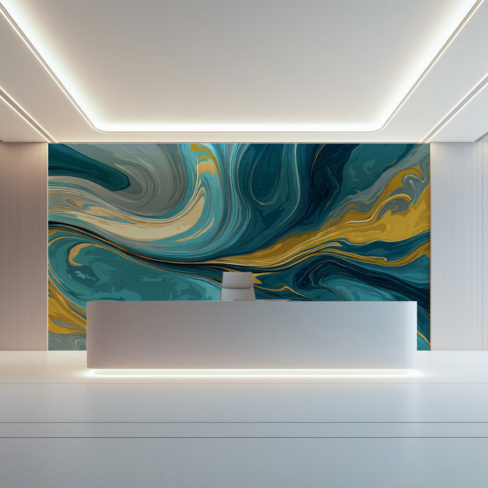 Modern Marble Fluid Art Wallpaper | Teal & Mustard Gold Swirls