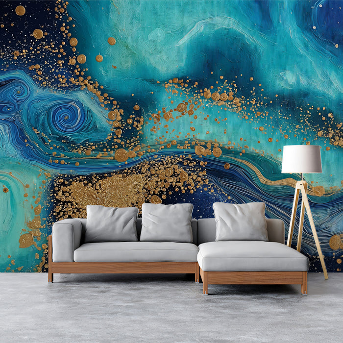 Galactic Fluid Art Mural Wallpaper | Teal & Gold Dust Swirls