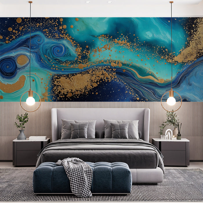 Galactic Fluid Art Mural Wallpaper | Teal & Gold Dust Swirls