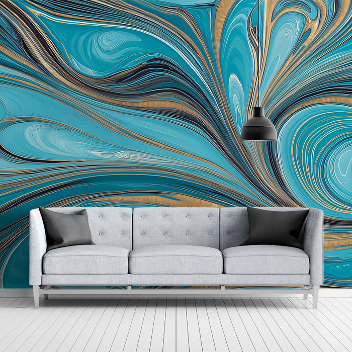 Abstract Marble Mural Wallpaper | Turquoise & Gold Silk Swirls