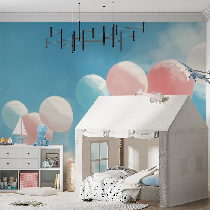 Whimsical Sky Mural Wallpaper | Pastel Flying Balloons